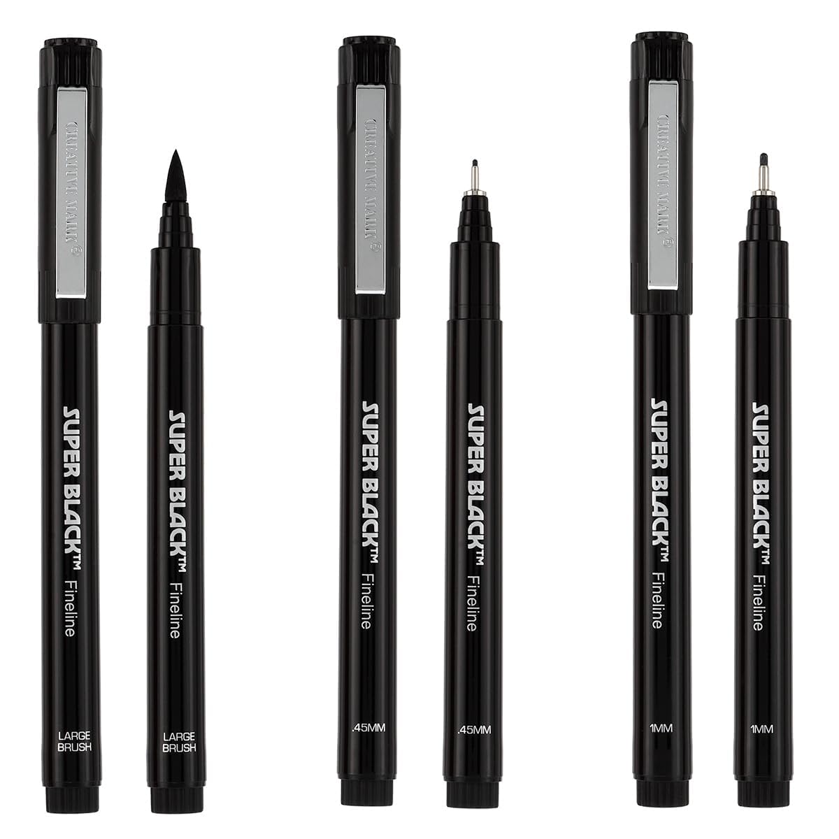 Creative Mark Calligraphy & Fineliner Pen Set of 3 Lettering & Calligraphy Drawing - Super Black, Permanent, Waterproof, & Acid-Free Chisel Nylon-Nibs Pens & Medium Brush Tip