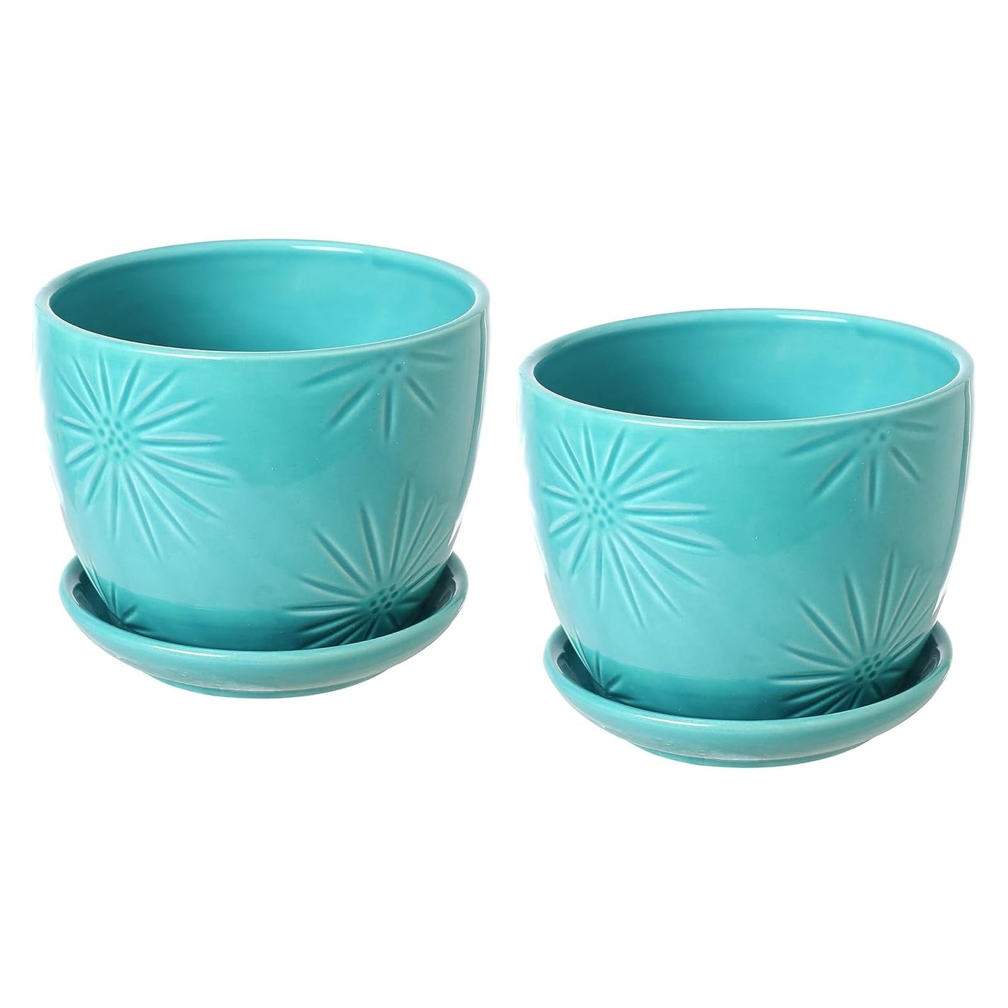 MyGift Aqua Ceramic Indoor Plant Pot with Drainage Hole and Decorative Sunburst Design, 5 Inch Round Succulent Planters with Attached Saucers, Set of 2