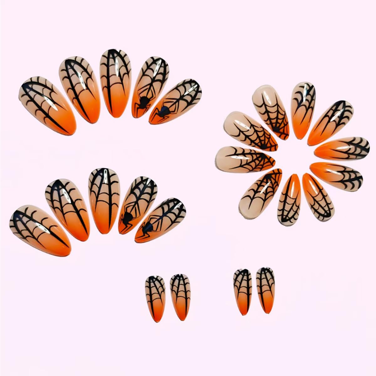 BMKKOT 24Pcs Halloween Spider Nails Set: Medium Almond ABS Press On Nails with Spider Design, Orange Glossy Full Cover False Nails for Women Manicure Decoration