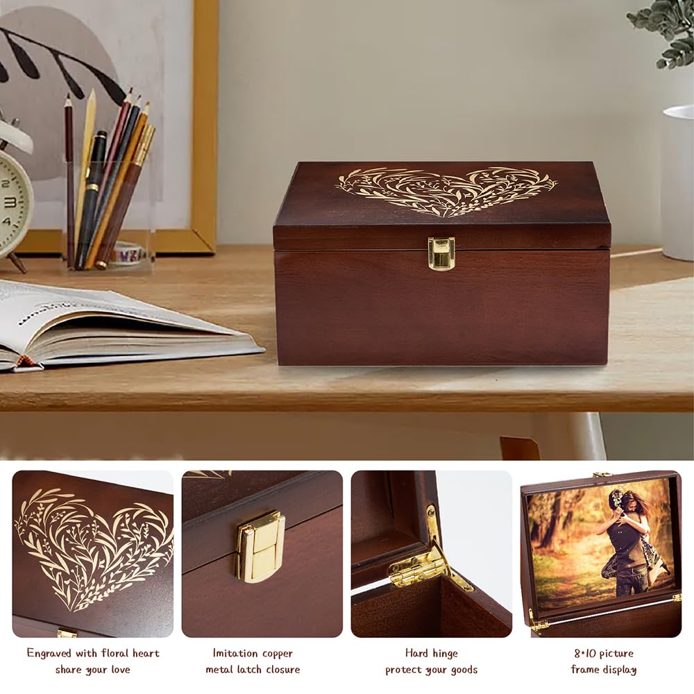 Larger Wooden Memory Keepsake Box with Hinged Lid & 8x10 Photo Frame Inside Lid – Decorative Storage Box With a Hinge Lids for Pictures, Letters & Time Capsule – Wooden Gift Box, 5.3” x 8.6” x 11.7”