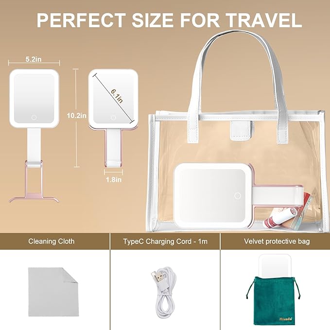 Mocado Travel Makeup Mirror with Lights,10X/1X Magnifying Mirror with Light, Double Sided Travel Mirror with 3 Color Light,Dimmable Touch,Lighted Makeup Mirror for Tabletop,Handheld,Hanging(Rose Pink)