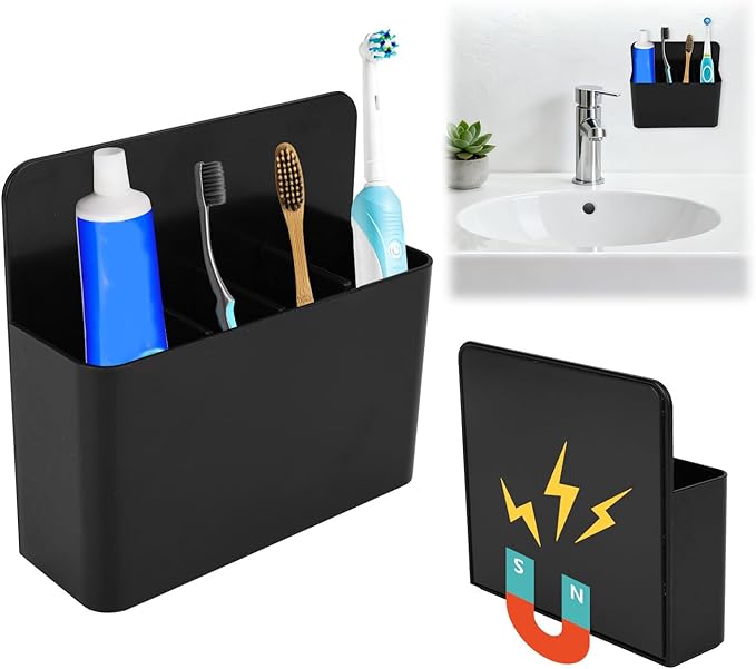 Magnetic Toothbrush Holder with Spacers, Plastic Wall-Mounted Bathroom Organizer Portable Cruise Essentials for Alaska & Caribbean Cruise Stateroom (Black)