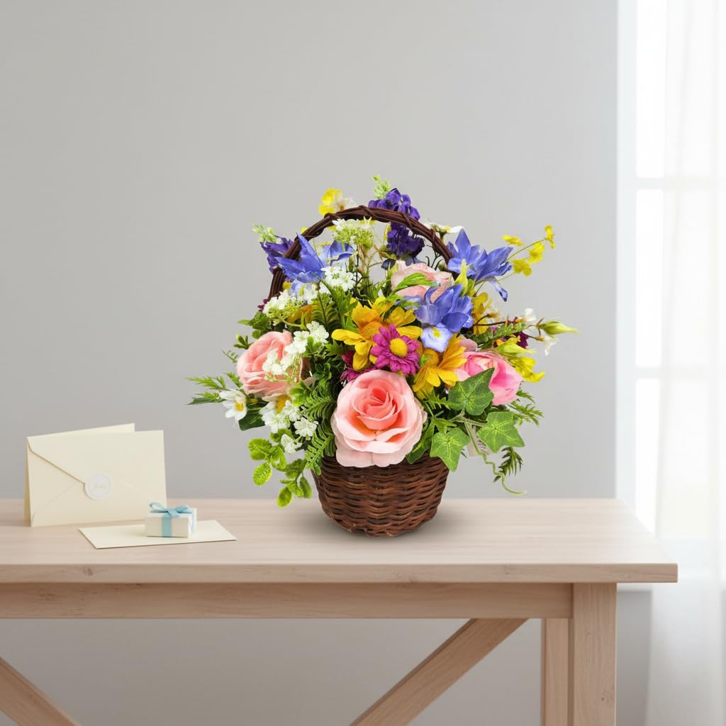 Lnymura Pre-lit Spring Summer Rose Flower Basket with Timer 13 Inch Rustic Floral Arrangement Table Centerpiece with Wildflower, Roses, Daisies and 10 Warm White LEDs for Home Kitchen Decor
