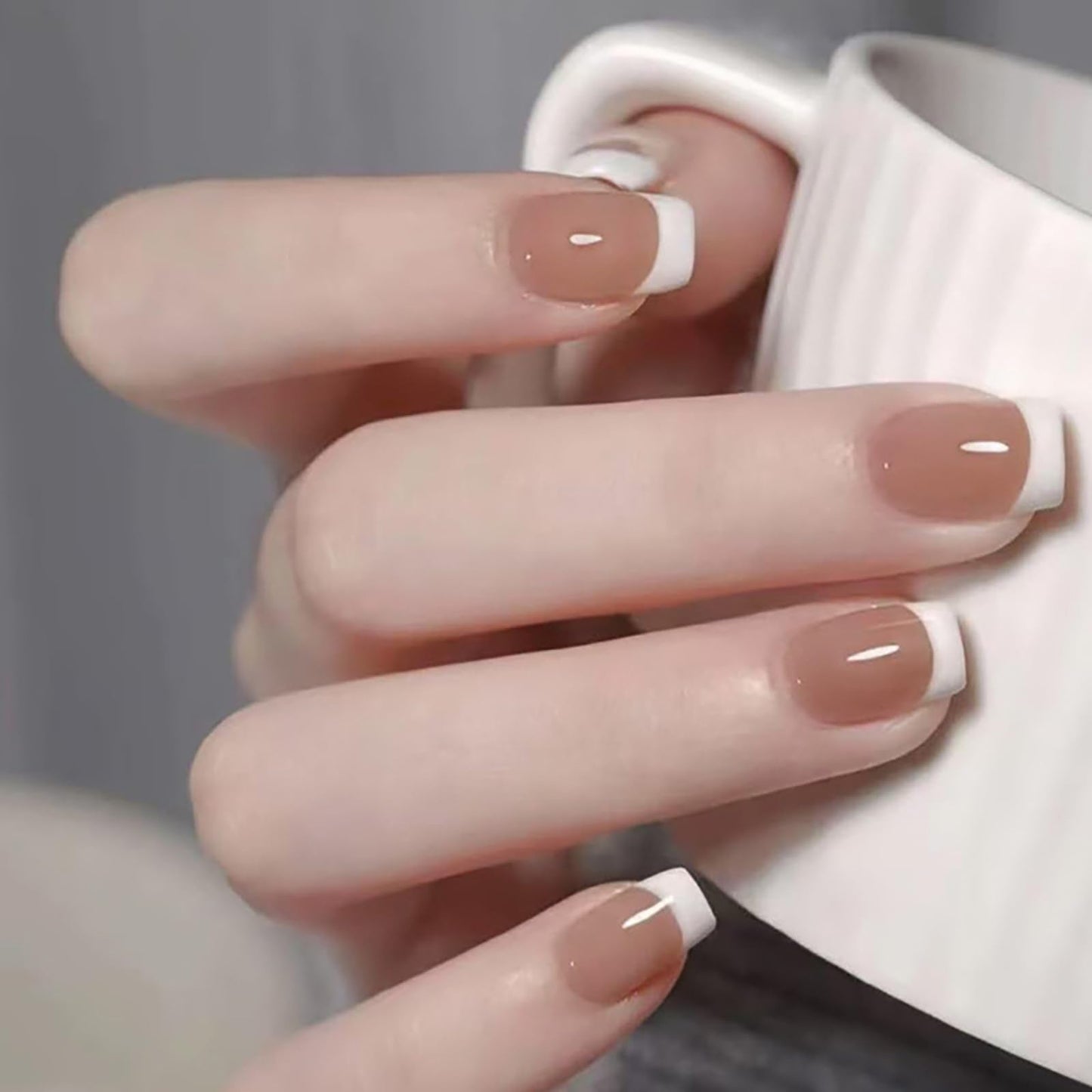 Short Square Press on Nails White French Tip Fake Nails Nude Pink Press ons Acrylic False Nails Artificial Full Cover Stick on Nails for Women Girls 24 Pcs