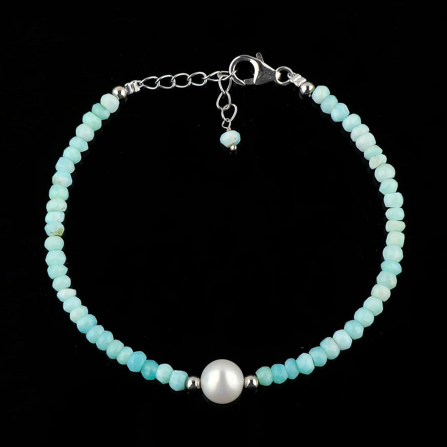 CRYSTALIS Natural Peruvian Opal Beads Adjustable Bracelet with Elegant Pearl, High Grade Gemstones, Chakra Healing Stones, Gift Giving Jewelry, 925 Sterling Silver Womens Bracelet 8 inch