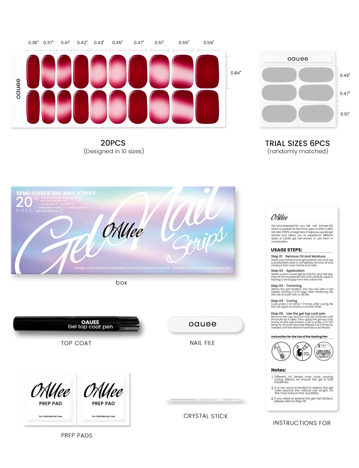 Oauee Semi Cured Gel Nail Strips | Built-In Gel Top Coat | UV Light Required | Salon Quality, Easy Application And Removal (Velvet Rouge Reverie ）