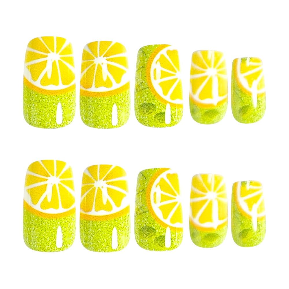 CTTHNBD Square Press on Nails Medium - Green Fake Nails with Leaf Fruit Pattern Design - Summer Full Cover Stick on Nails - for Women 24 Pcs