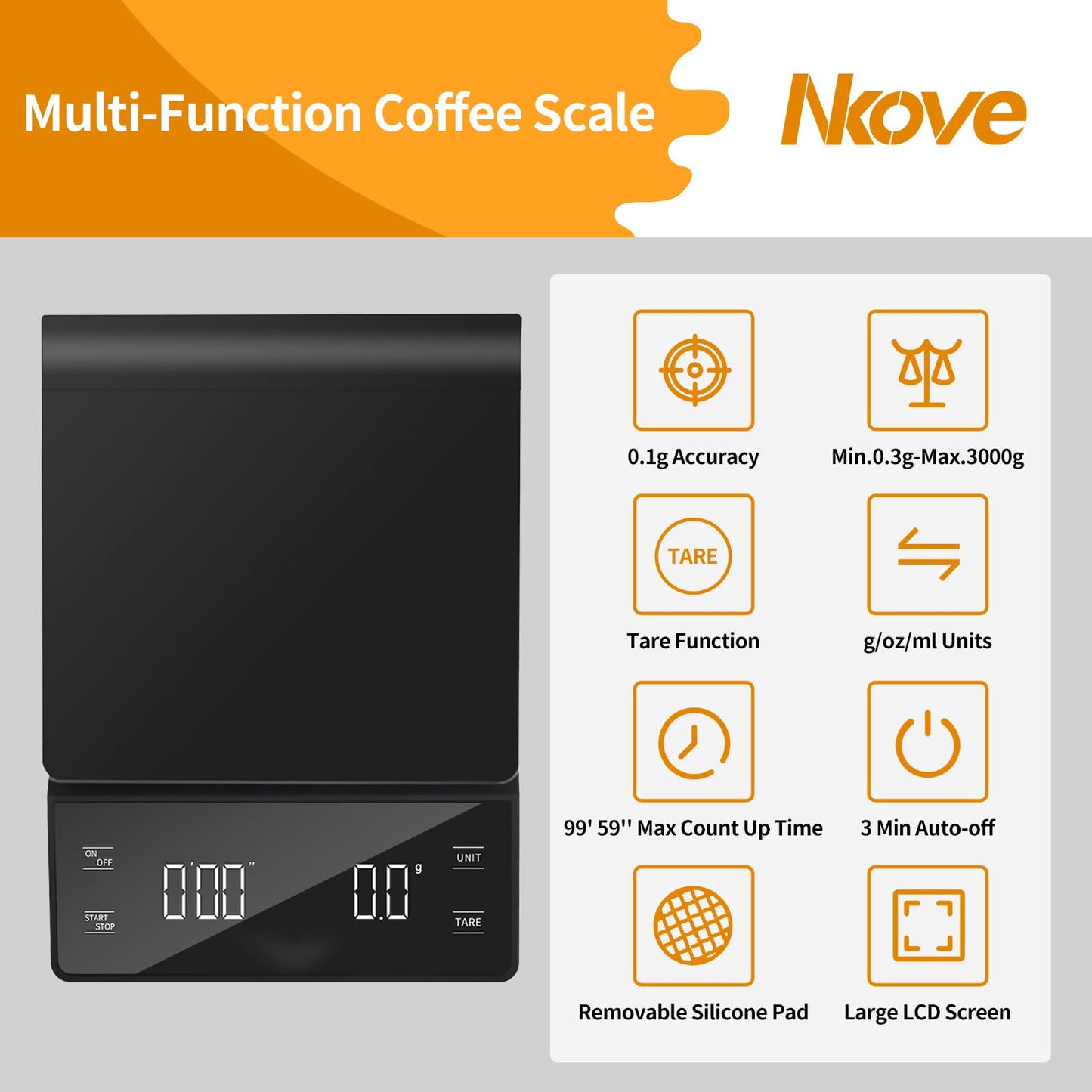 NKOVE Digital Coffee Scale with Timer 3kg/0.1g High Precision Espresso Scale Tare Function for Pour Over Maker Brew