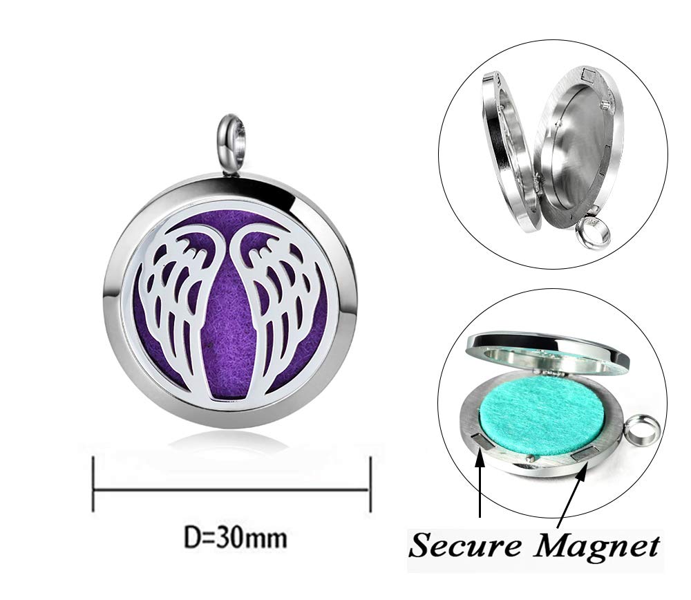 Aromatherapy Essential Oil Diffuser Necklace 316L Stainless Steel Locket Pendant with 24 Inch Chain (Angel Wings)
