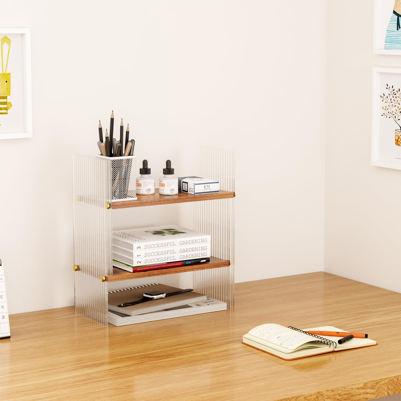 BYCY Double H Display Bookshelf Desktop Organizer Office Storage Rack Desk Expandable Wood Display Shelf with Acrylic Side Board Free Style Display Adjustable Stackable for Home Office (Black Brown)