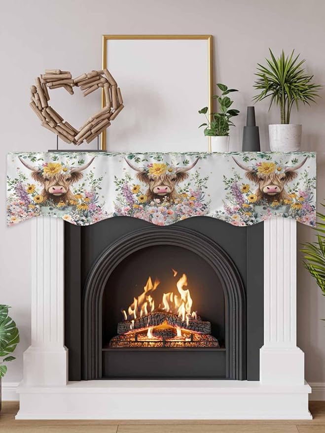 Spring Cow Floral Fireplace Mantel Scarf Table Runner, Green Eucalyptus Leaves Botanical Winter Garland Mantel Top Tablerunners Dresser Scarves Cover for Windows Party Living Room 70''x17''