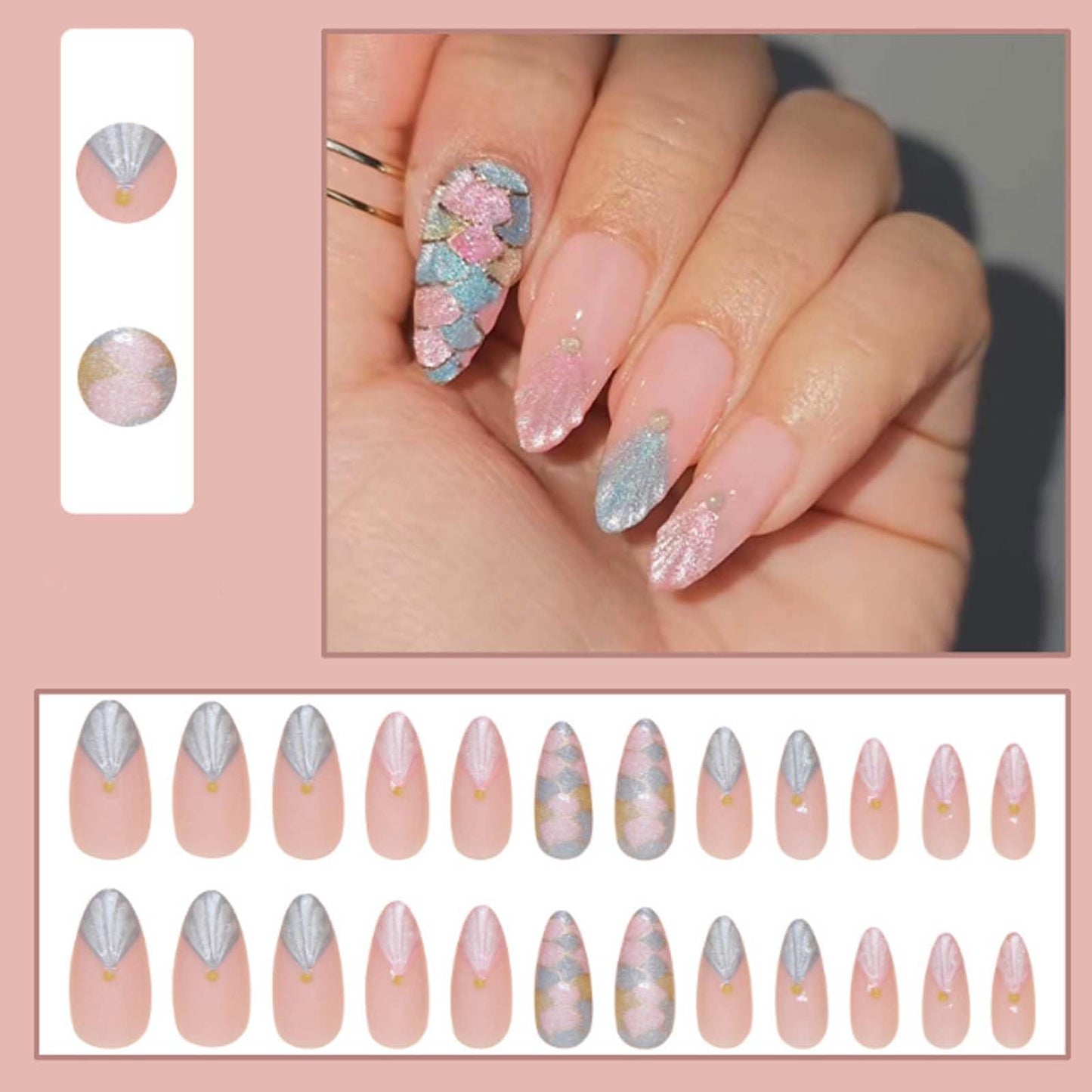 Hkanlre Almond Fake Nude Nails Tips Full Cover False Medium Nails Summer Flower Press on Nails for Women 24PCS