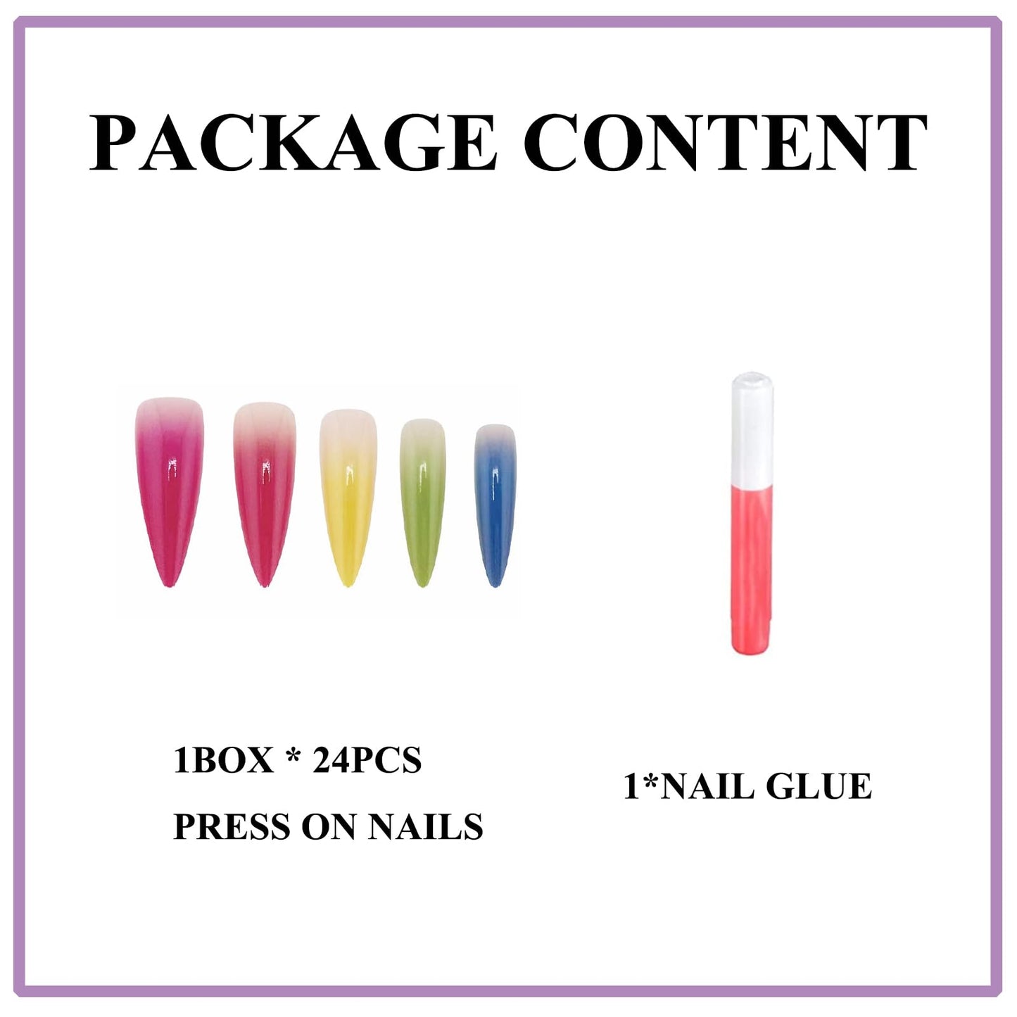 MERVF Long Stiletto Press on Nails Colorful Ombre French Tip Glue ons Dopamine Design Almond Acrylic Fake Summer False Nail for Women Glossy 24pcs