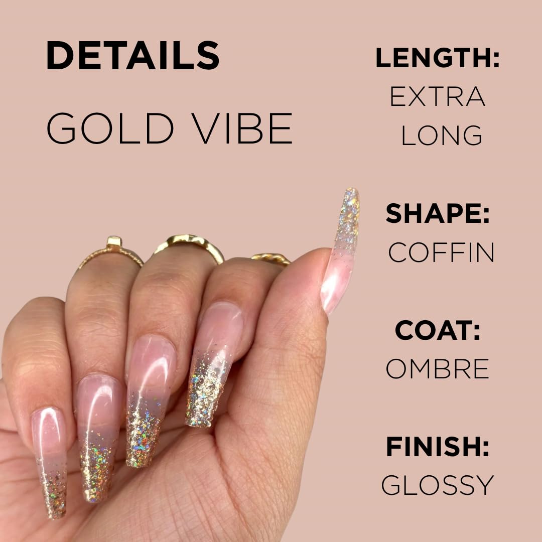 GOLD VIBES Press-On Nails by Lavaa Beauty | Gold Glitter Ombré Tip | Extra-Long Coffin