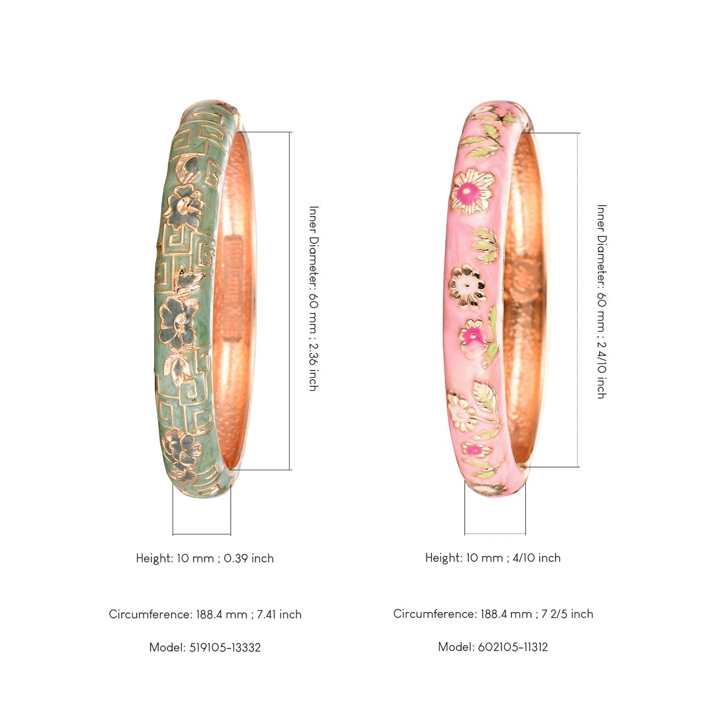 UJOY Gorgeous Bracelets Enameled Floral Cloisonne Gift Plated Cuff Bangles Jewelry Sets Box for Women 55A18-55A114 Pink Green