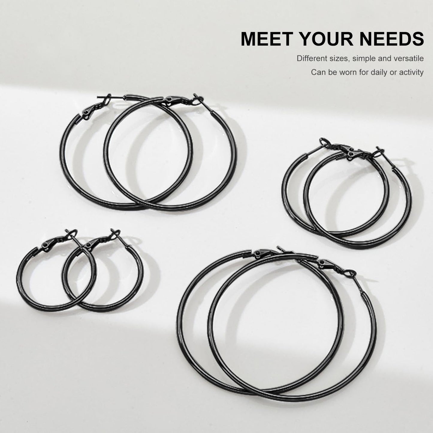 PICKBEAU Black Large Hoop Earrings for Women | 14K Plated Hypoallergenic Big Round Circle Hoops Stainless Steel Womens Loop Dangle Earrings Set (30/40/50/60mm)