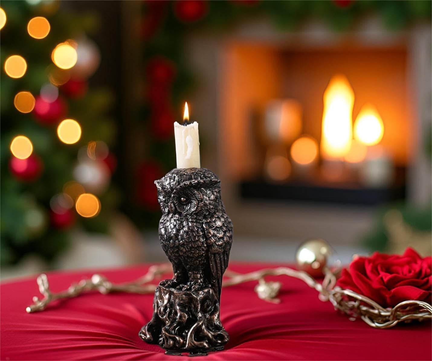 Gothic Owl Candle Holder Statue– Day Decor Witchy Occult Altar Decoration, Bird of Minerva Green Shamrock Candlestick Tabletop Candelabra Statue for Home Room (Owl)