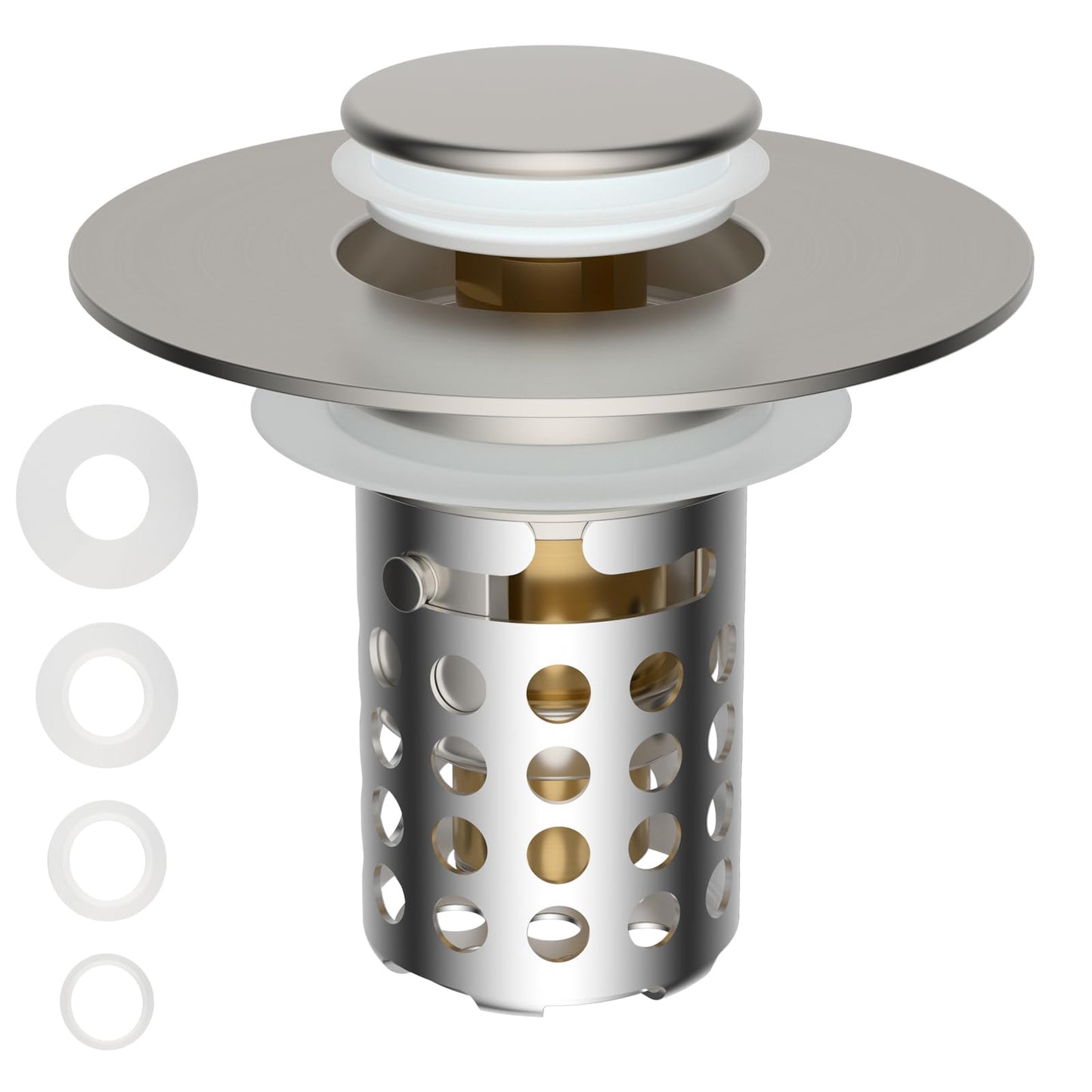 Universal Bathroom Sink Drain Strainer Hair Catcher Upgraded with Removable Stainless Steel Filter Basket, 3 in 1 Pop Up Sink Stopper for 1.1''~2.36'' Sink Basin Hole, Brushed Nickel