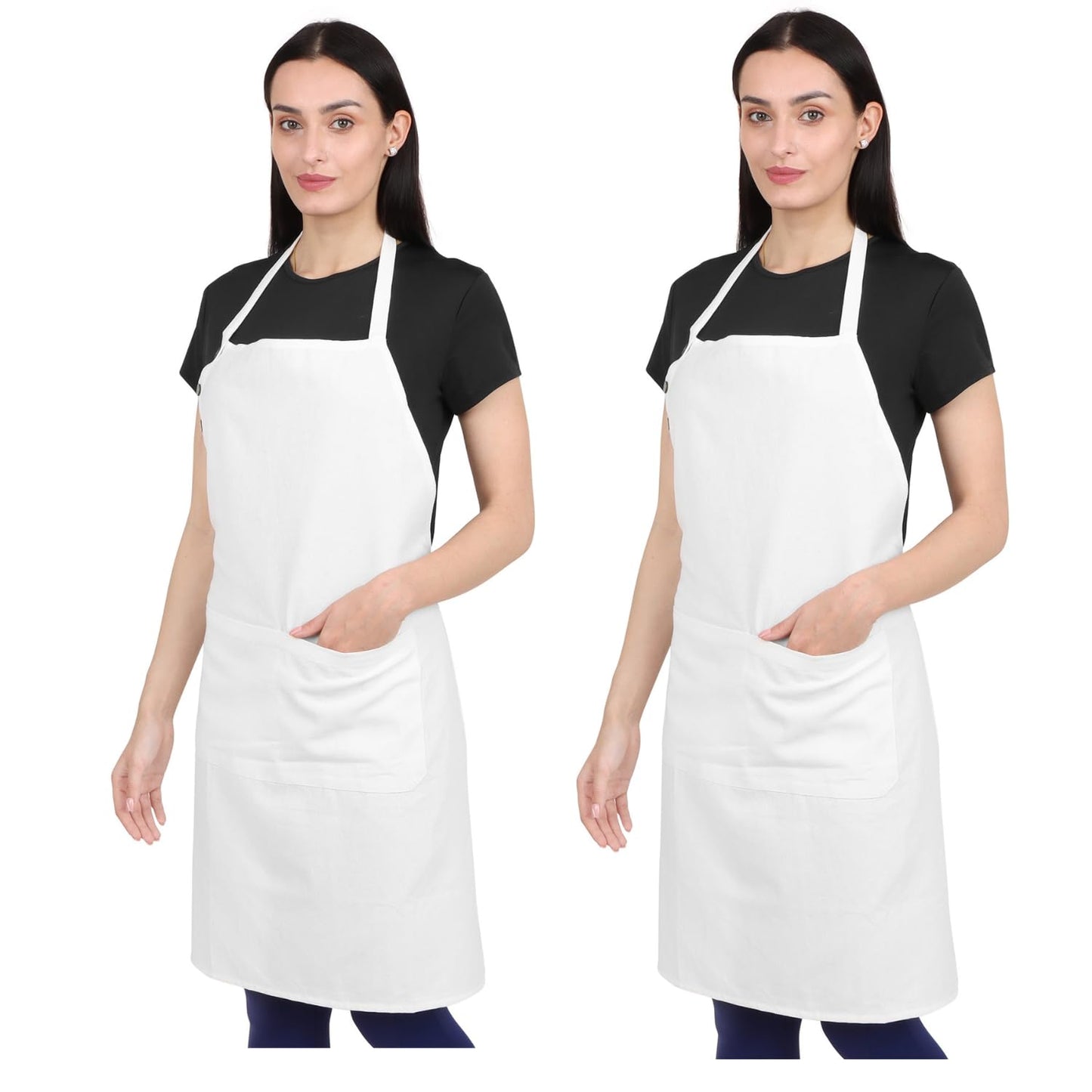 Natural Craft 2 pack Cotton Kitchen Apron, White, 33 Inches Long, 2 Pockets, Adjustable, Machine Washable