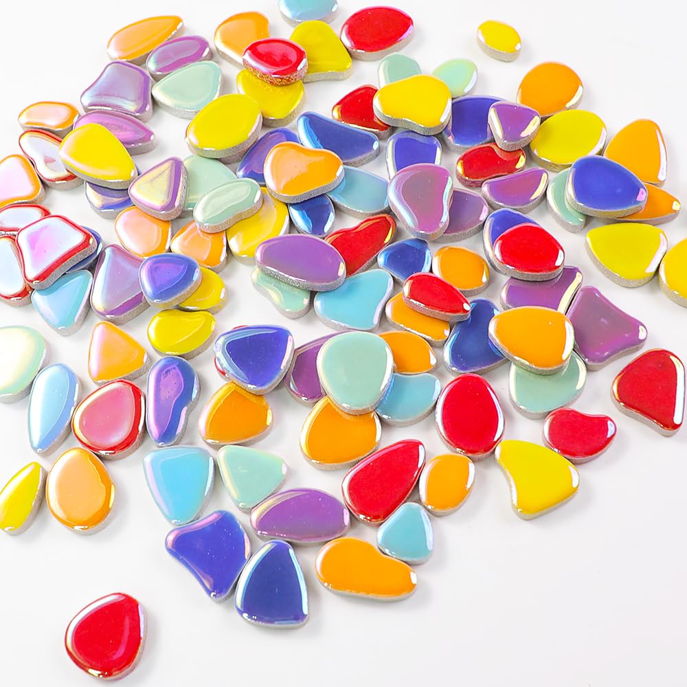 454g (1 LB) Iridesent Random Petal Ceramic Mosaic Tiles for Crafts Bulk Arts Glass Mosaic Pieces Mini Pebble Bulk Broken Ceramic Tiles for DIY Mosaic Making Art Craft (OP900i)