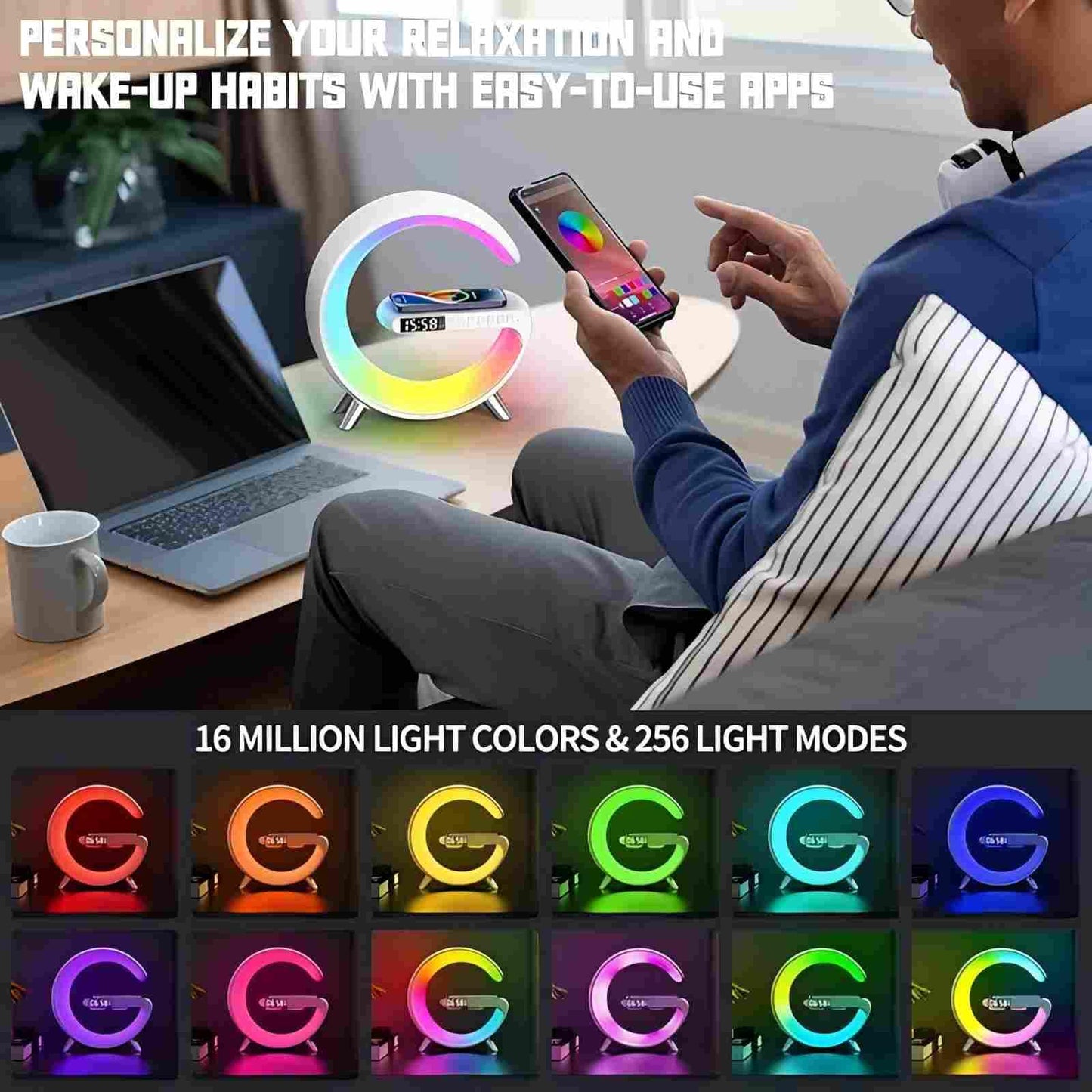 BKDRL Bluetooth Speaker Lamp with Wireless Charger, RGB Night Light, Alarm Clock, App Control - White