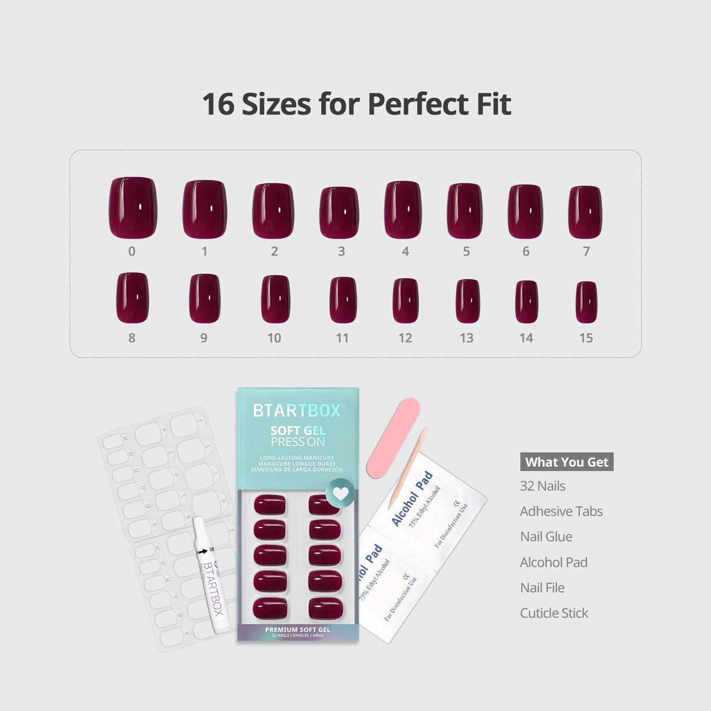 BTArtbox Press On Nails Short - Plum Red Squoval Press On Nails with Glue for Women, Opaque Soft Gel Glue On Nails in 16 Sizes - 32 Stick On Nails Kit, Blackberry