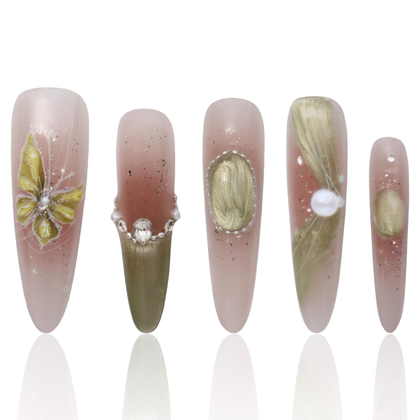 Handmade Press On Nails Long Green Press On Nails Acrylic Nude Nails Women Gifts French Press On Nails COOLYOUNG Handmade Nails, 15 PCS, Size M