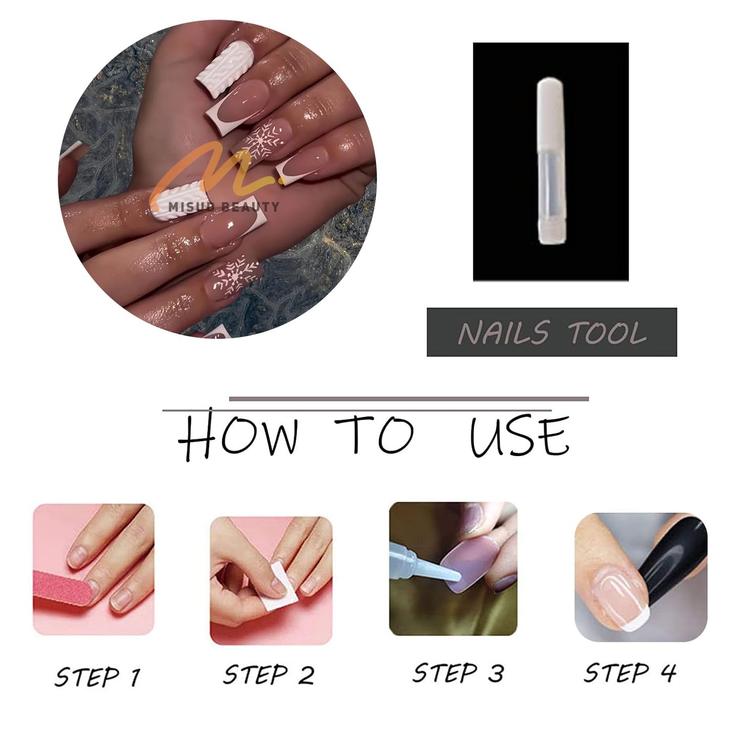 MISUD Press on Nails - Long Square Fake Nails with White French Tip, Acrylic Winter Snowflake Sweater Design 24 pcs