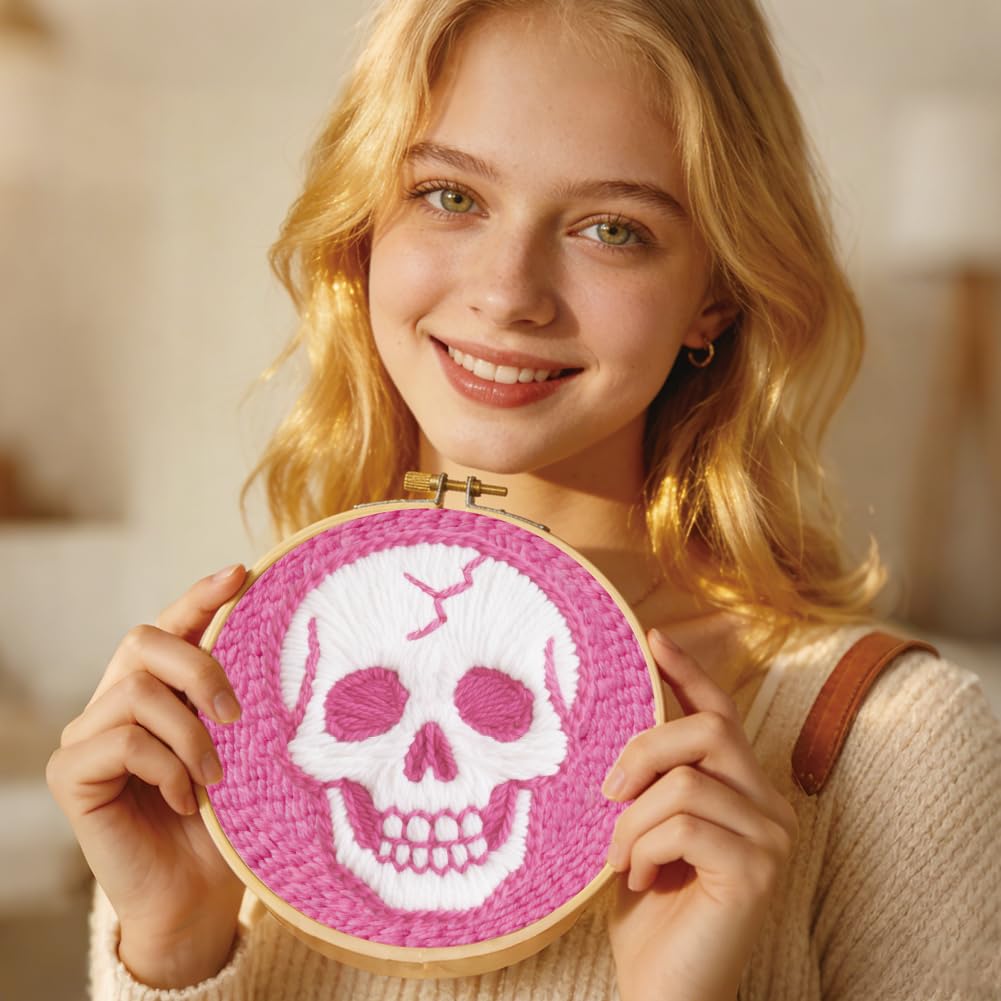 BEUNITONE Pink Skull Head Punch Needle Kit for Adults Beginners, Complete DIY Craft Needlepoint Kits with Hoop, Punch Needle Starter Craft Embroidery Set for Festival Gift and Cloth Home Decor 20x20cm