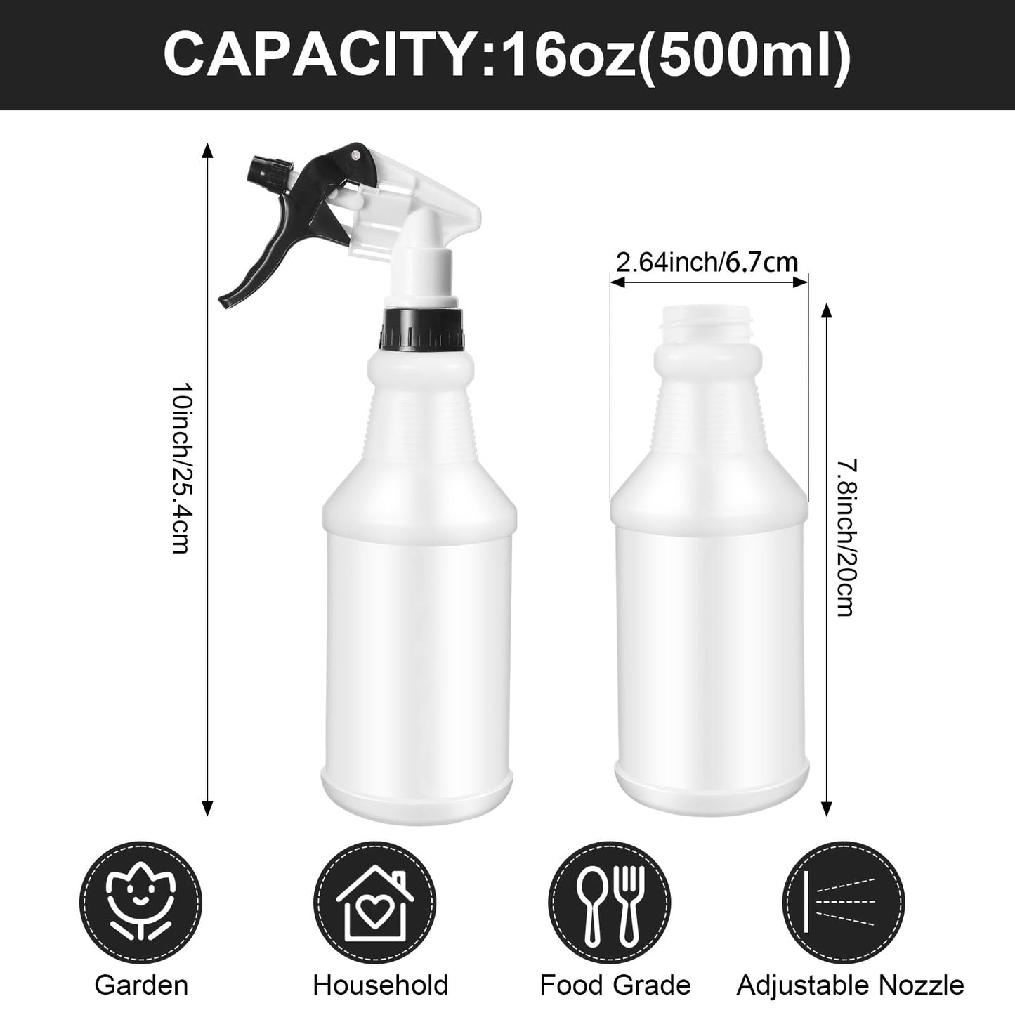 Eccliy 12 Pcs 16 Oz Plastic Spray Bottle, Adjustable Empty Reusable Sprayer for Cleaning, Planting, Water, Bathroom and Kitchen, BBQ, Commercial and Residential (Original,Black,White)