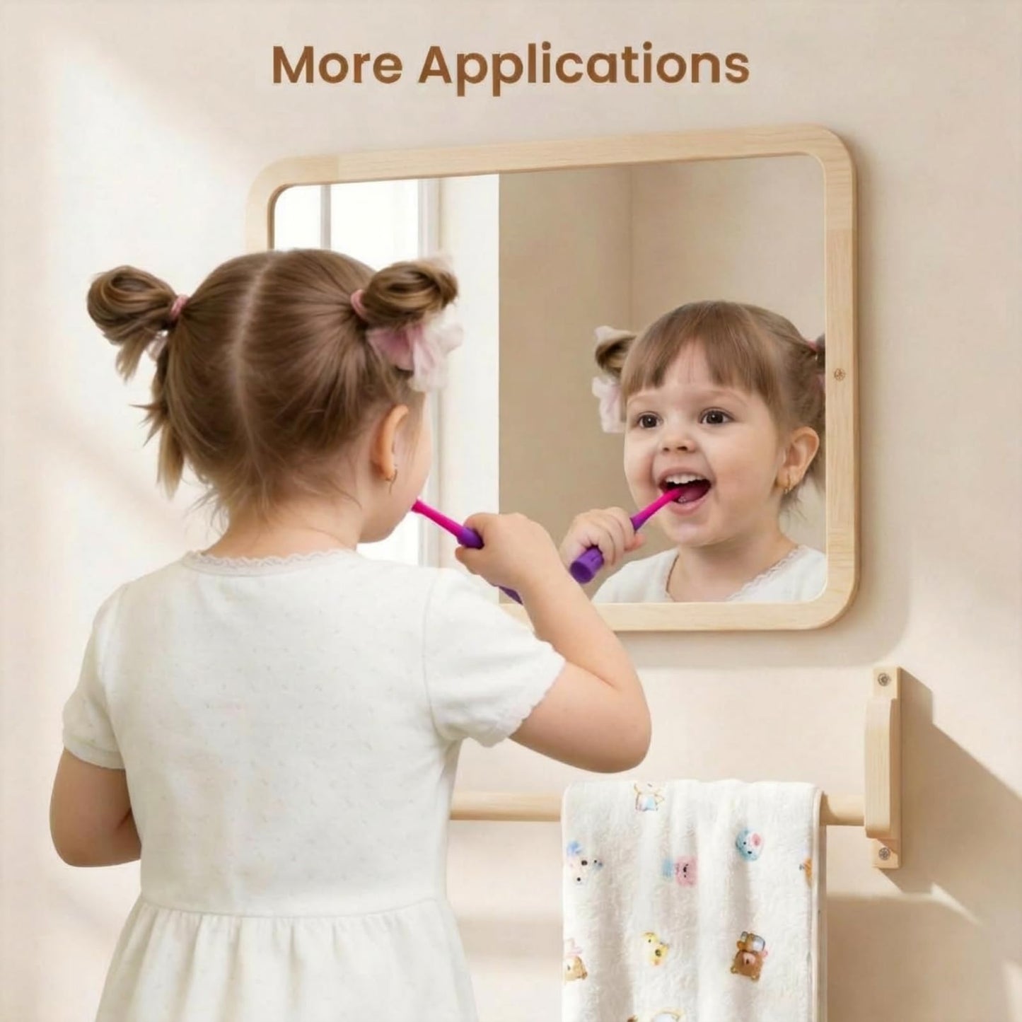 Woodtoe Montessori Mirror with Bar, Adjustable Baby Pull to Stand Toys, Natural Unpainted Solid Wood Frame & Baby Pull Up Bar, Infant Coordination Toddler Mirror, Developmental Toys for 6-18 Months
