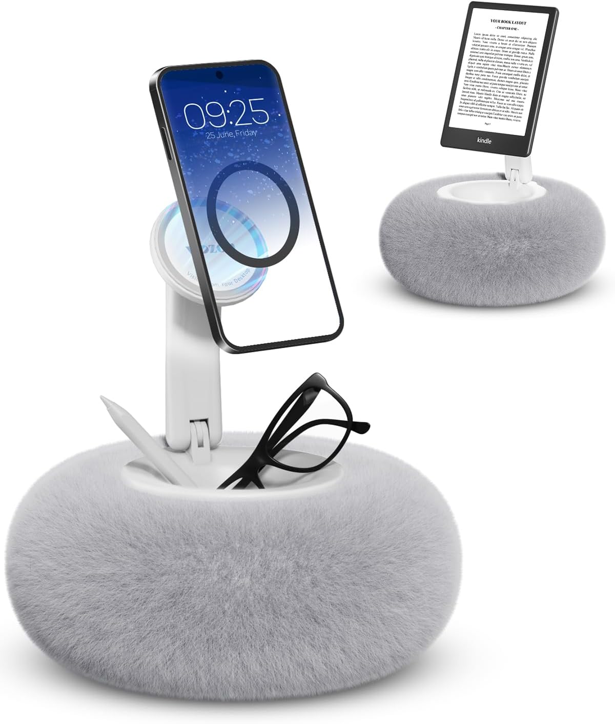 Viozon Phone Holder for Bed, Magnetic Pillow Stand, Compatible with 4-7" Phone/Kindle with Small Storage, Removable Suction Base for Stability, Idea for Kindle Reading and Video Watching On Bed,Grey