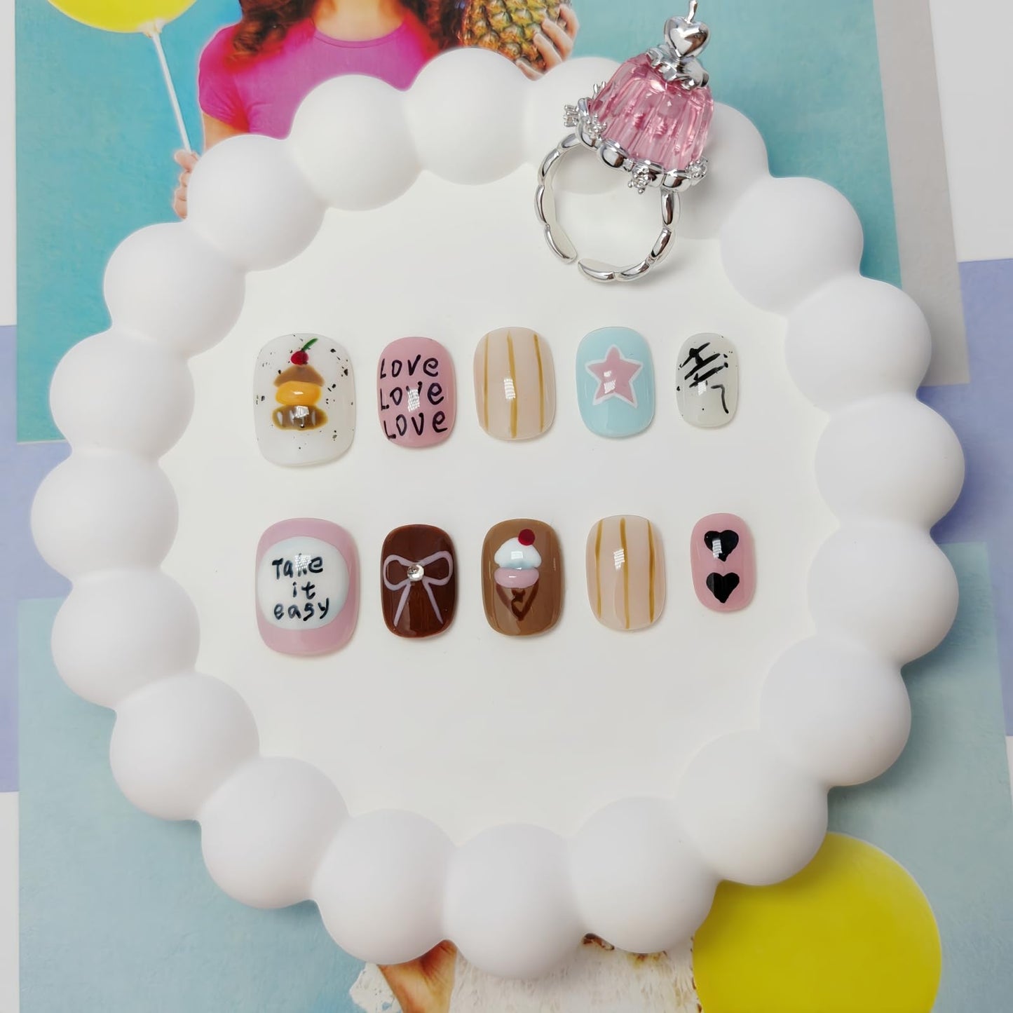 Extra Short Press on Nails Squoval False Nails Handmade with 3D Designs/Charms, Cute Reusable Fake Stick on Tips (Multi#X-Small)