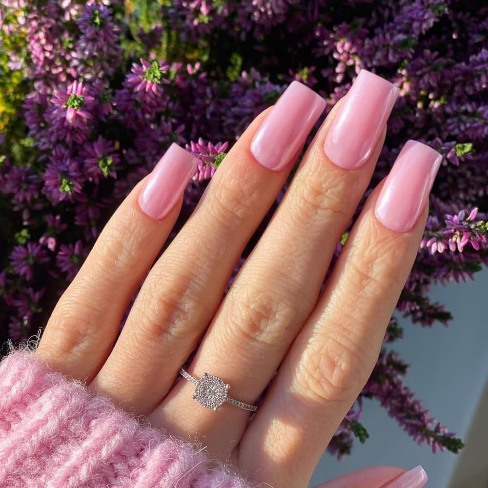 Baby Pink Press On Nails Medium Long Square, Xcreando Medium Coffin Nails Acrylic Nails Press ons Glue on Nails Medium Length, Solid Color Fake Nails for Women, Natural Thick Artificial Nails Stick on