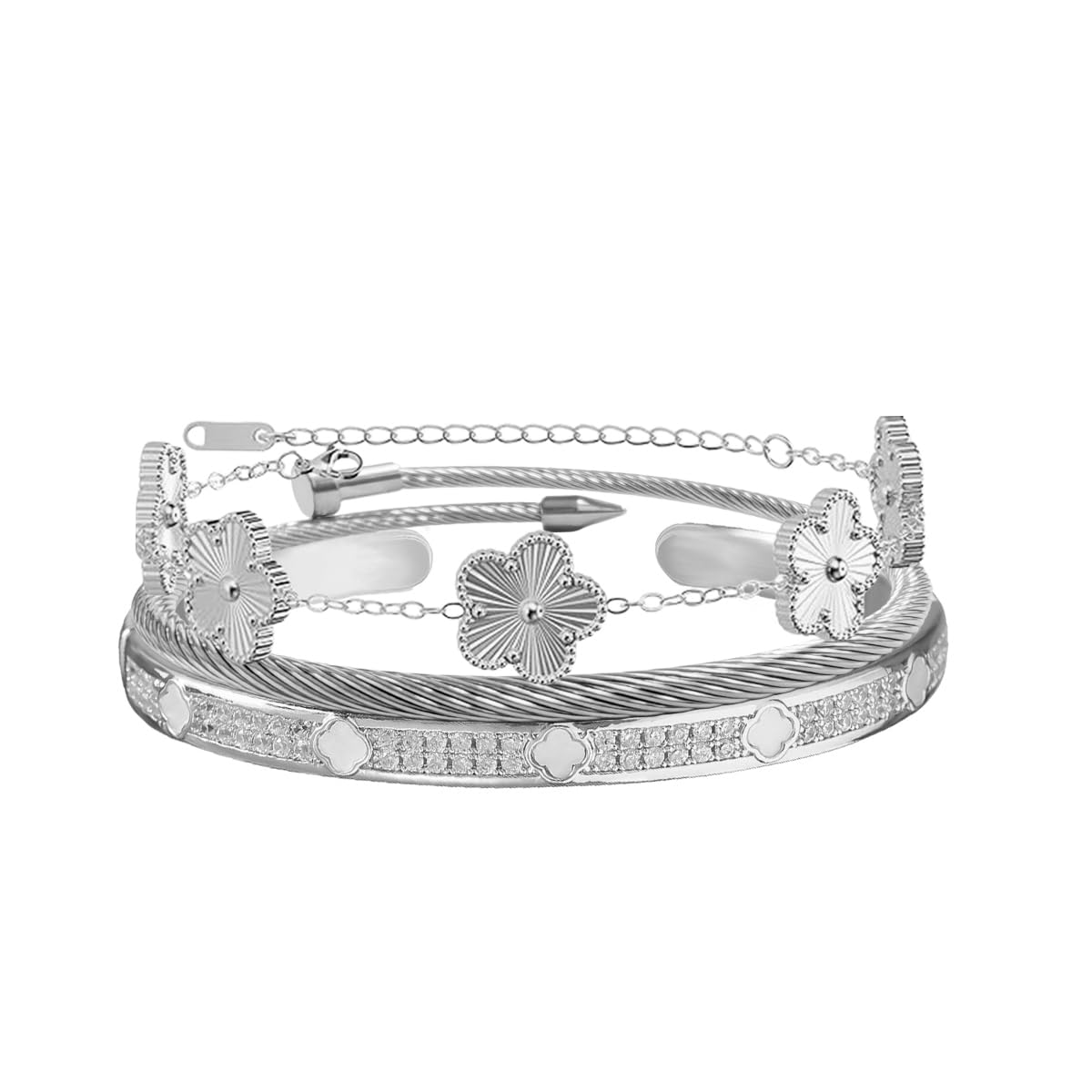 Nail Bracelets set for Women 3Pcs Stackable Love Bangle Clovers Bracelet Floral Bracelet Set Trendy Gifts for Women（S）