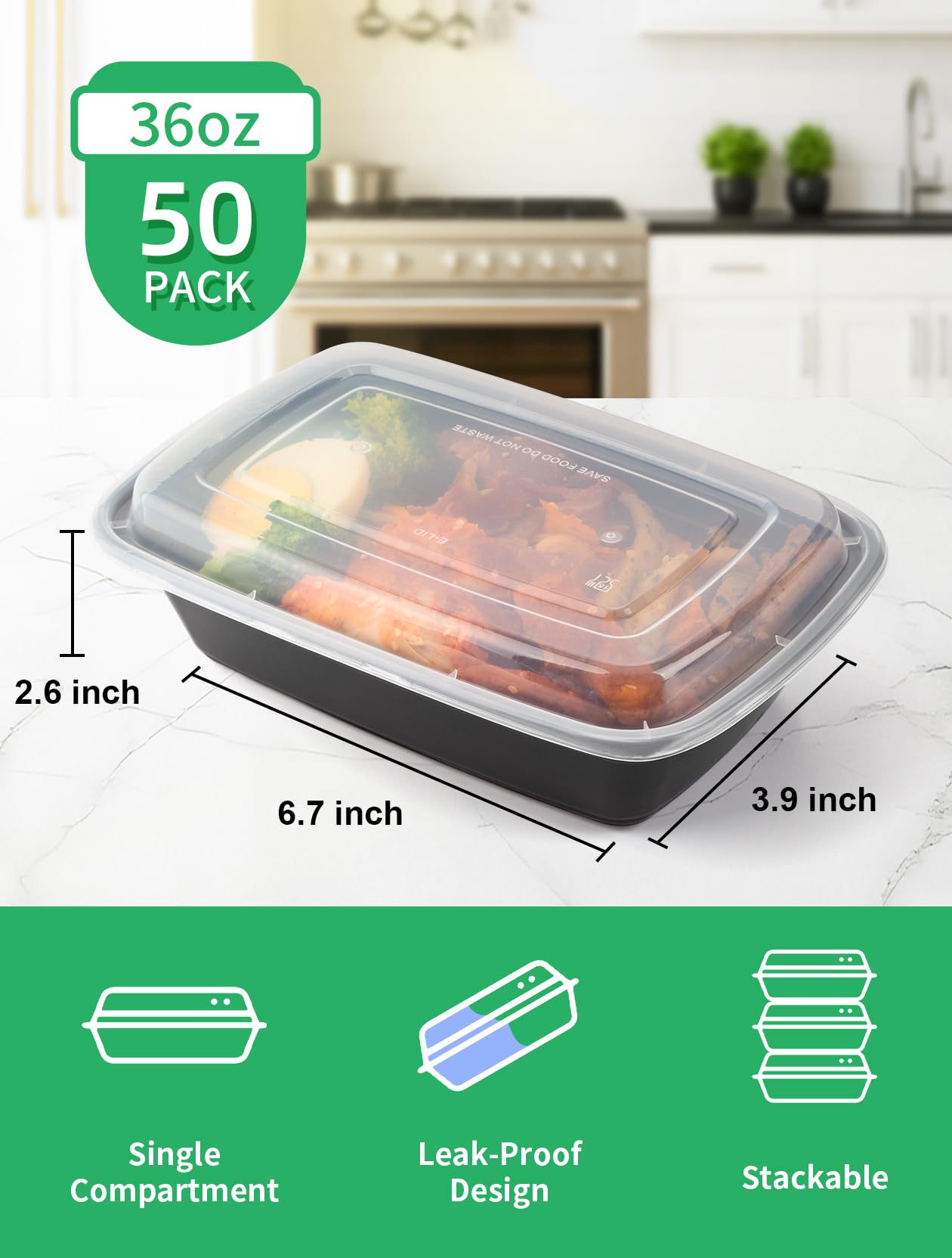 UMT Plastar 36 oz Meal Prep Containers with Lids, 50 Pack BPA-Free Food Storage Containers, Leakproof Reusable Plastic Containers for Meal Prep, Takeout, Microwave, Freezer & Dishwasher Safe
