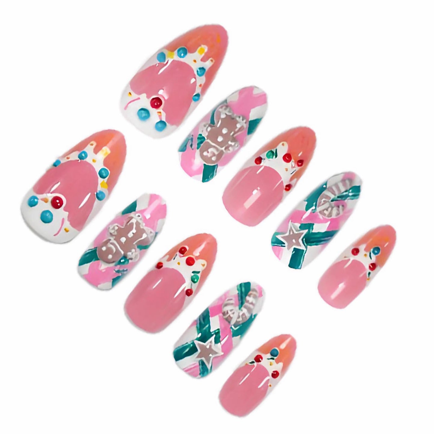 HOSAILY Cute Pink Winter Press on Nails Short Almond Fake Nails with 3D Embossed Gingerbread Man Candy Star Design Rhinestone Glue on Nails,30pcs Glossy Bling Stick on Nail Press ons for Women