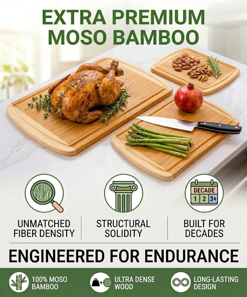 Greener Chef Luxury XL Bamboo Cutting Board Set of 3 with Vertical Grain Strength Technology - Extra Large Wood Cutting Boards for Kitchen and Lightweight Chopping Board Set - Replacements for Life