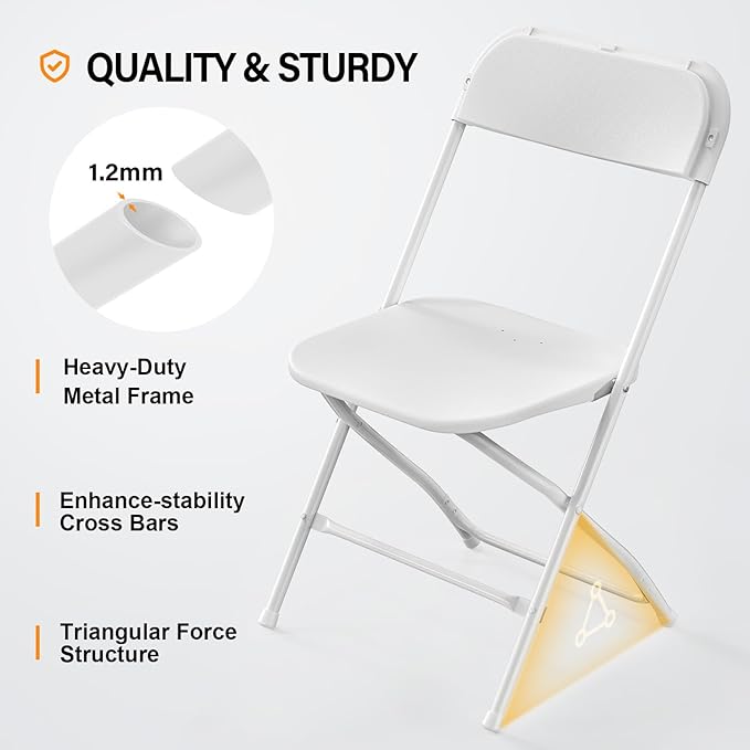 VINGLI 4 Pack White Plastic Folding Chair, Indoor Outdoor Portable Stackable Commercial Seat with Steel Frame 350lb. Capacity for Events Office Wedding Party Picnic Kitchen Dining
