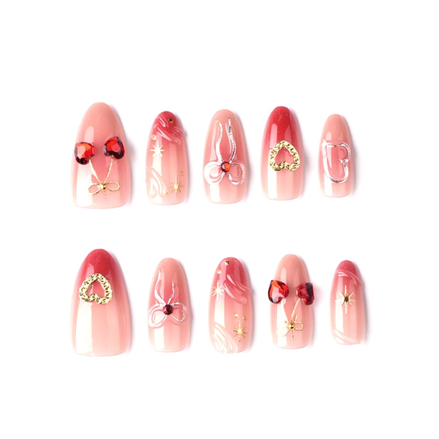 30Pcs Valentine Press on Nails Medium Almond Fake Nails Press on 3D Rhinestone Star Design Red Cherry False Nails Bow Heart Full Cover Red Smudge Acrylic Glue on Nails for Women Festive Nail Art Decor