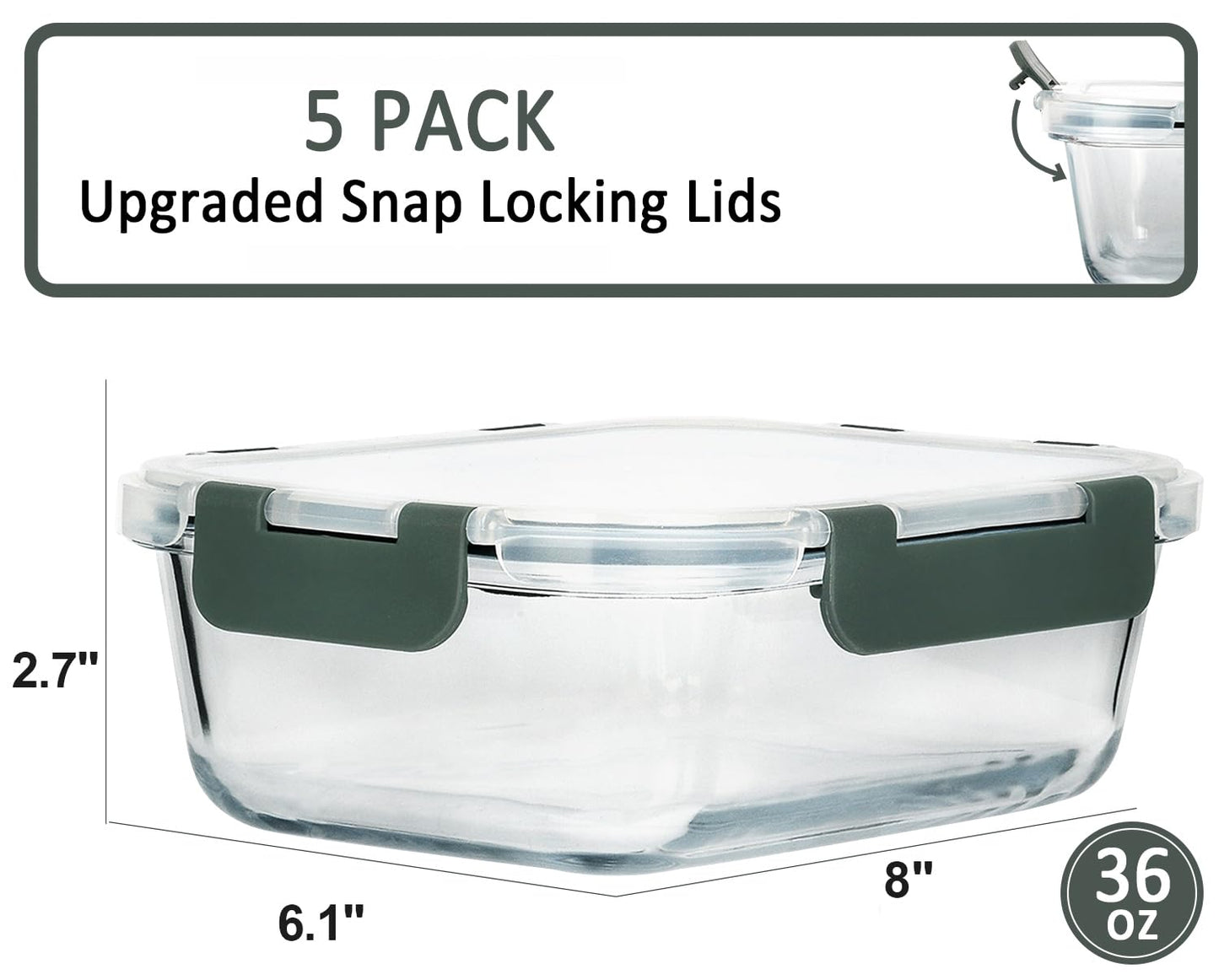 M MCIRCO [5-Packs, 36 Oz Glass Meal Prep Containers with Snap Locking Lids Glass Food Containers,Airtight Lunch Container,Microwave, Oven, Freezer and Dishwasher (4.5 Cup)