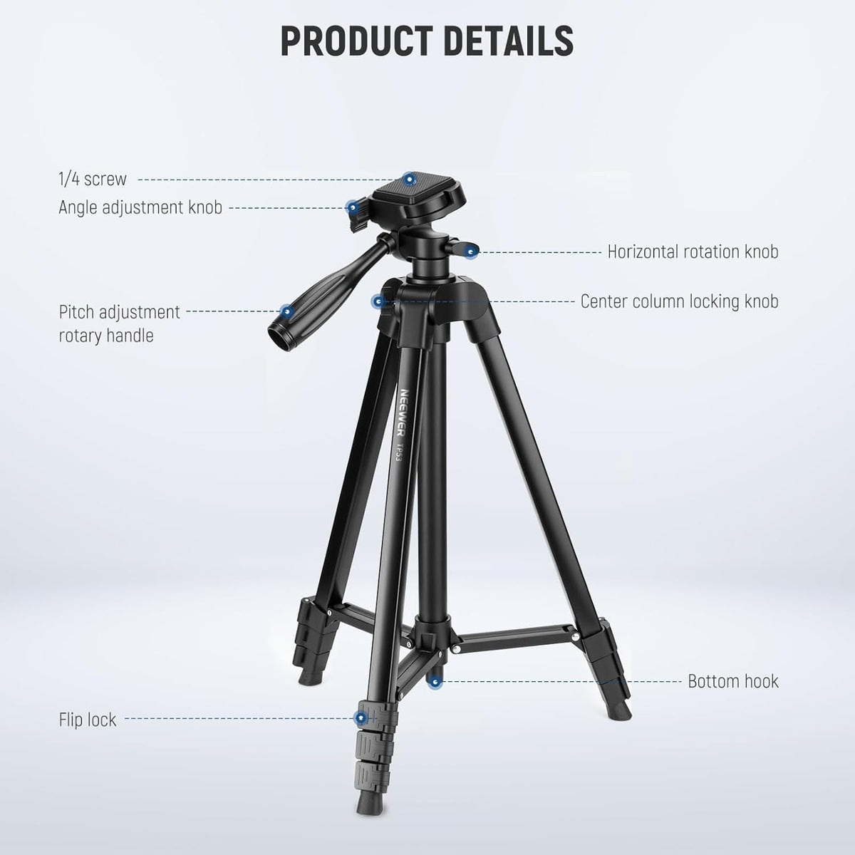 NEEWER Entry Level Version Tripod for Cell Phone & Camera, Metal Lightweight Portable Travel Stand with Cold Shoe Cellphone Holder Mount Compatible with iPhone for Video Recording Filming, TP53