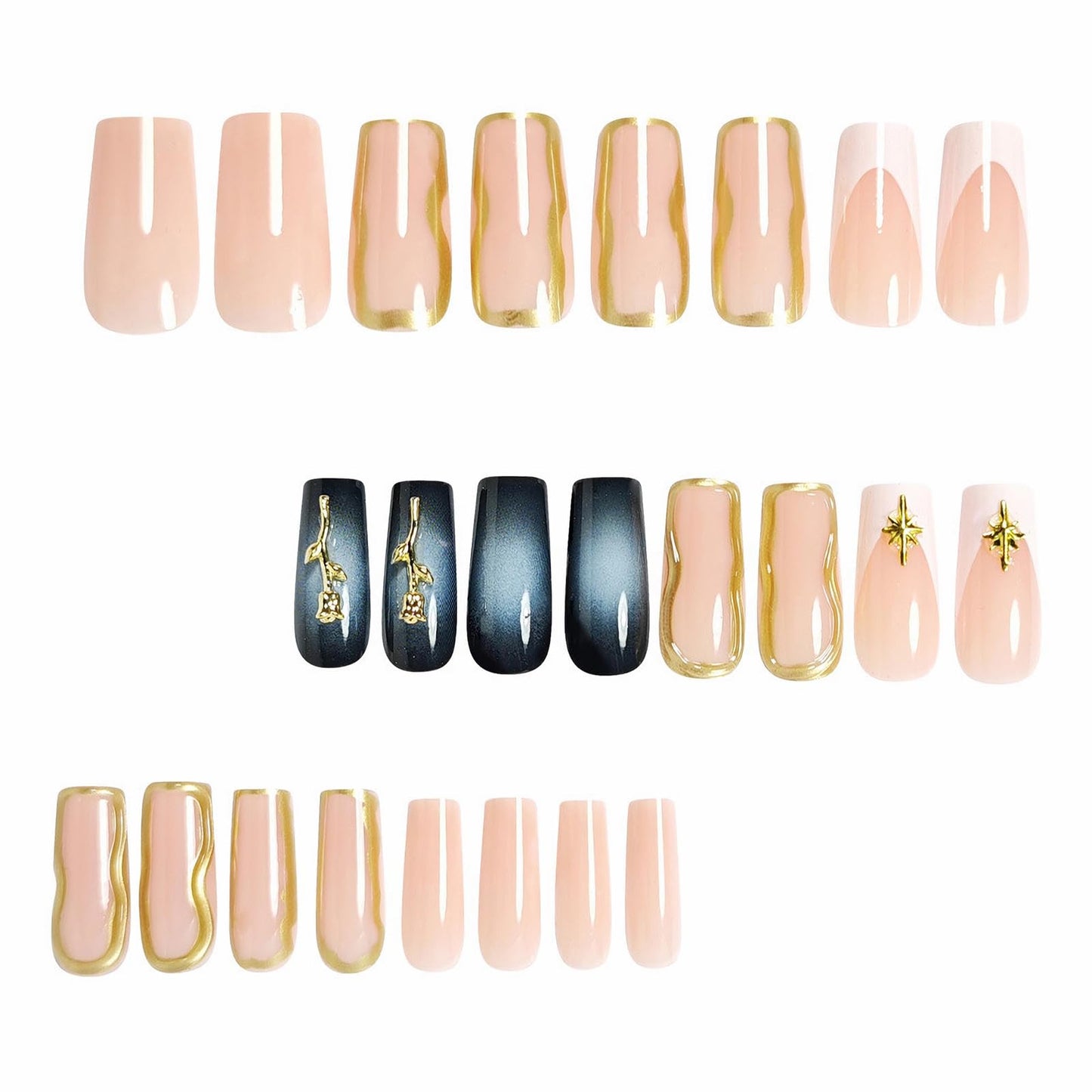MISUD Press on Nails - Long Square Glue on Nails with White Gold Chrome, Acrylic Charms Design 24 pcs