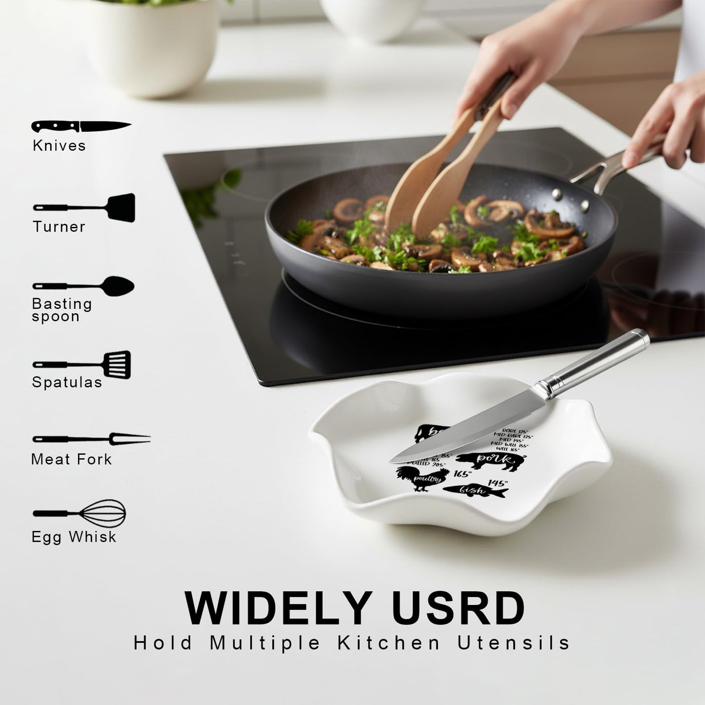 Cooking Temperatures Chart Large Spoon Rest for Kitchen, Ceramic Heat Resistant Utensil Holder for Stove Top, Funny Gift for Cooking Lovers Chirstmas Housewarming Present, 5.8 Inches