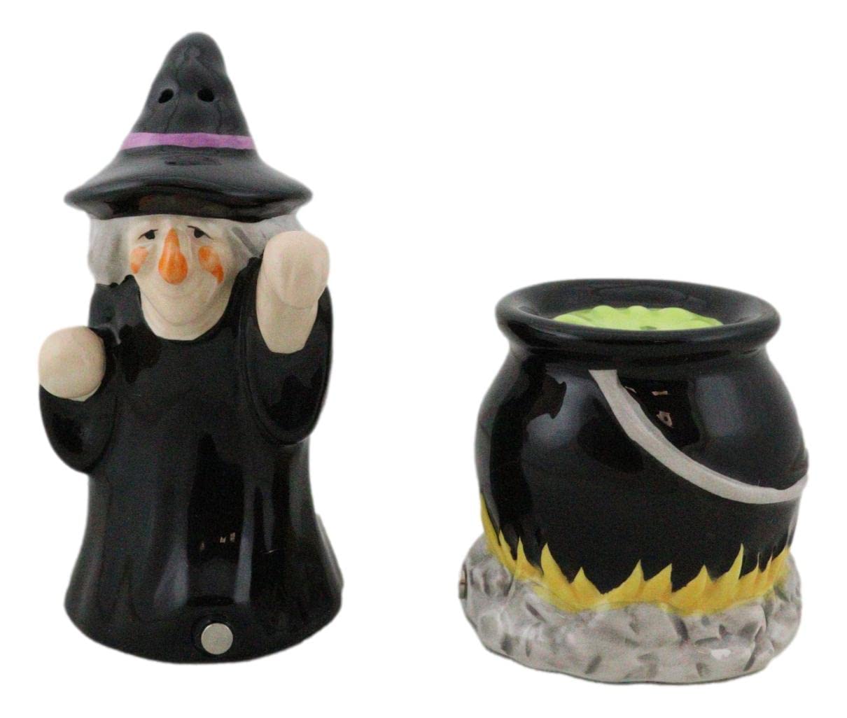 Ebros Gift 'Double Double Toil And Trouble Fire Burn And Cauldron Bubble' Black Potion Magic Witch And Large Cauldron On Fire Hearth Salt Pepper Shakers Set Ceramic Figurines