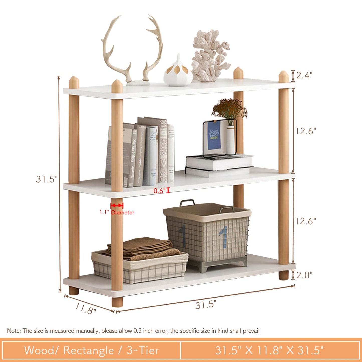 IOTXY 3-Tier Wooden Shelf Bookcase - Modern Open Bookshelf, Free Standing Storage Rack, Multifunctional Display Stand for Home and Office, White, Rectangle