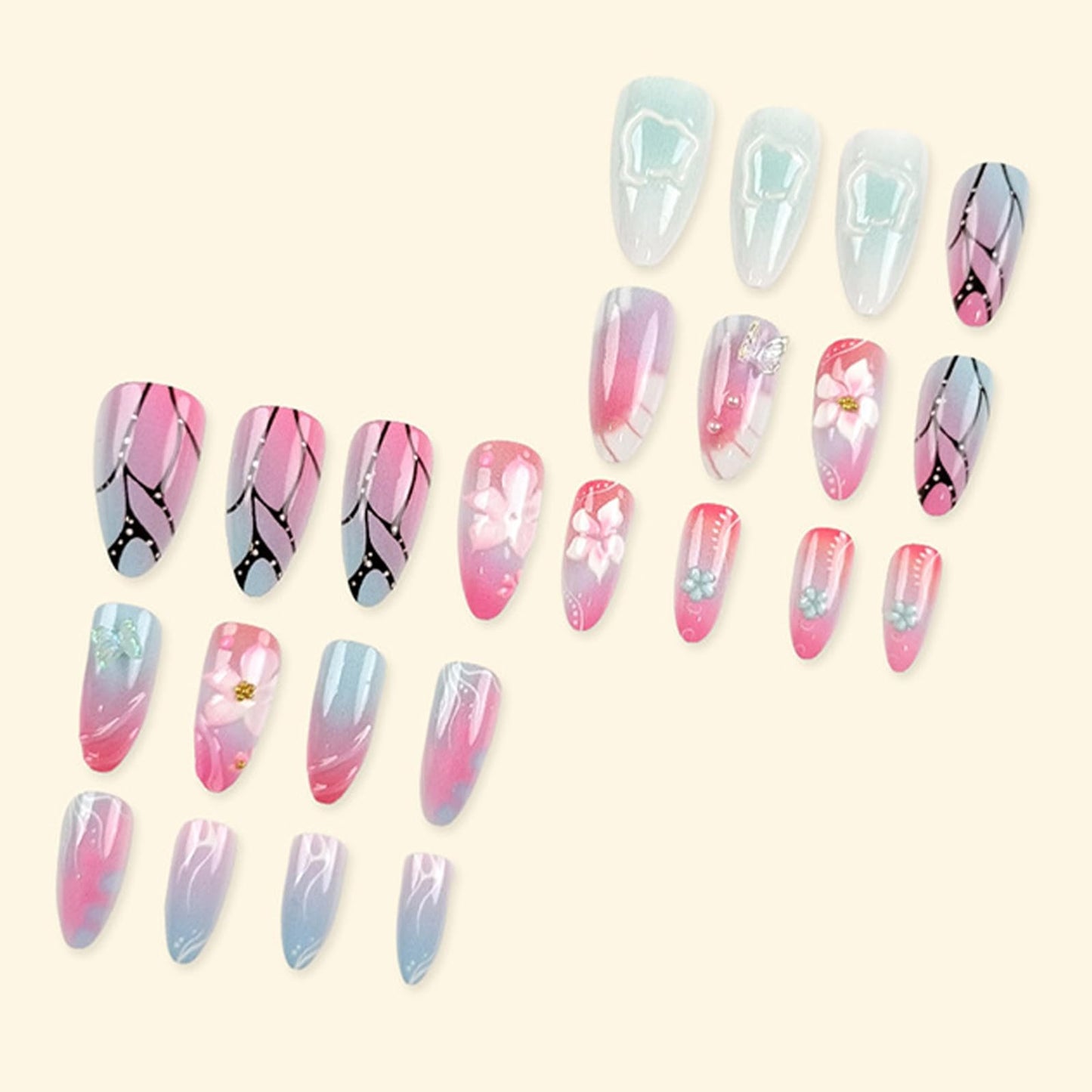 24 Pieces Pink Press-On Nails Short Almond False Nails with 3D Embossed Flowers Butterfly French Gradient Design False Nails Women's Nail Art Decoration