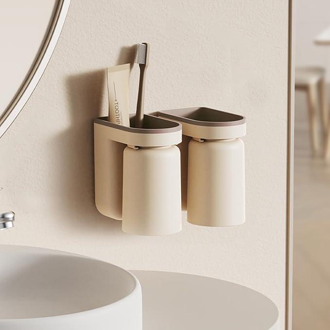 Toothbrush Holder Wall Mounted with Cup,2-in-1 Toothbrush Holders & Cups Set,Inverted Design for Easy Cleaning and draining,Stick-on Toothbrush Holder for Bathroom (Beige+Coffee)