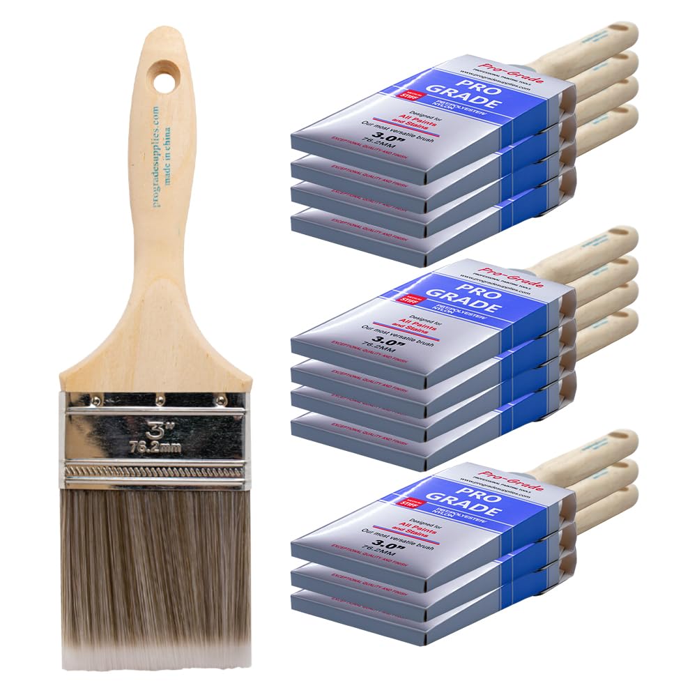 Pro Grade Paint Brushes 3 Inch Flat Paint Brush Set for Walls Trim Cabinets Doors Professional Painter Contractor Interior Exterior 12 Pack