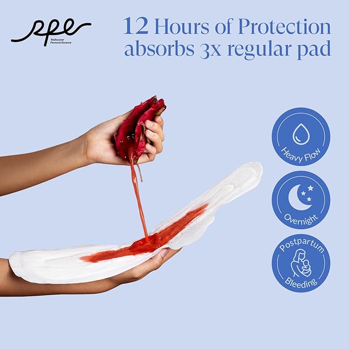 100% Organic Super Long Overnight Pads with Wings, Extra Heavy Sanitary Pad for Women Ultimate Absorbency, Ultra Thin Coverage Cotton Period Menstrual Pads (Extra Long Overnight, Size 6, 10ct)